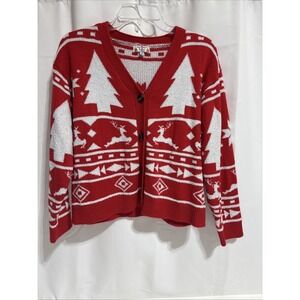 Poof Christmas Cardigan Sweater Womens M Red White V Neck Knit Reindeer